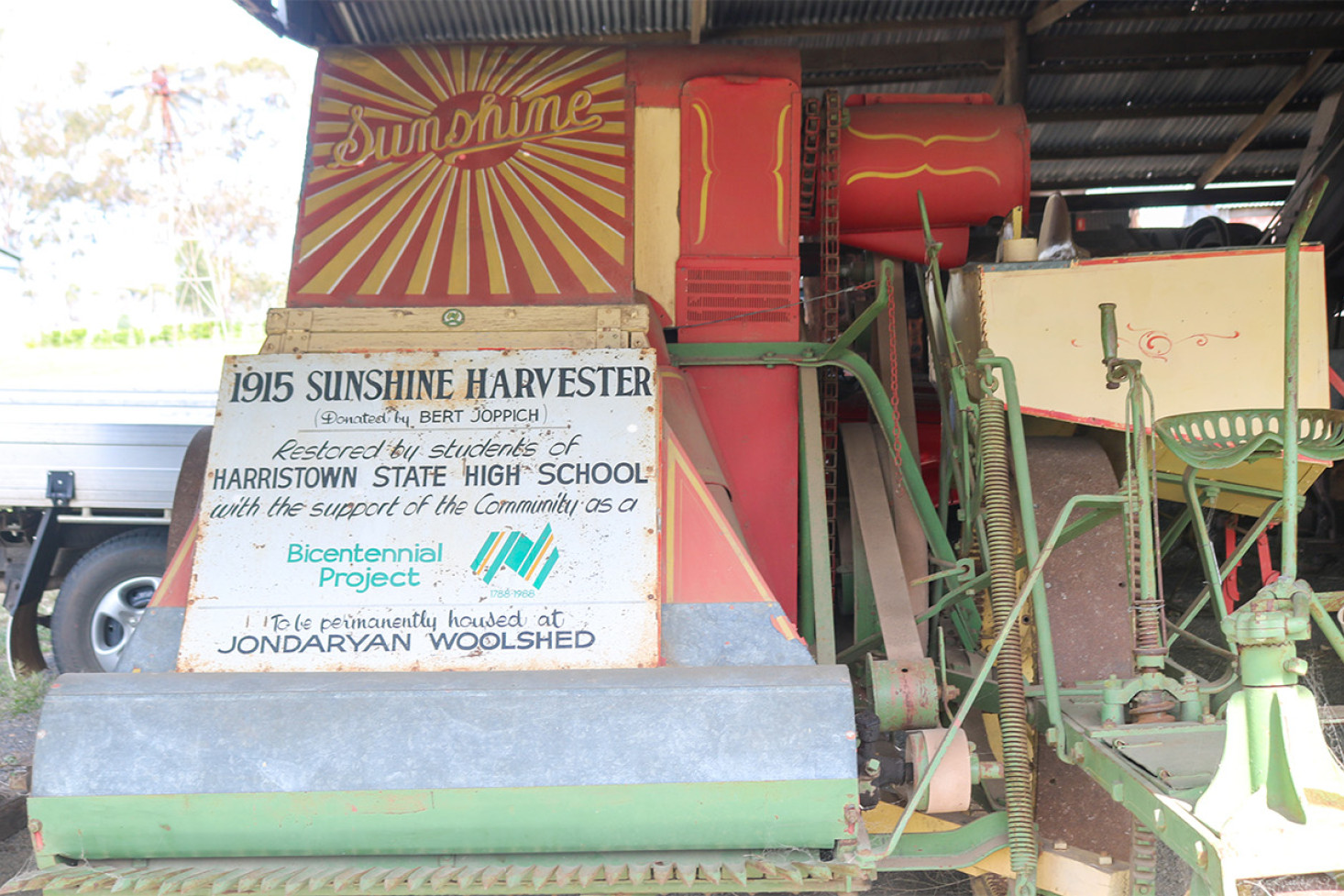 This Sunshine Harvester was restored by students at Harristown State High School as part of Australia’s Bicentennial celebrations in 1988.