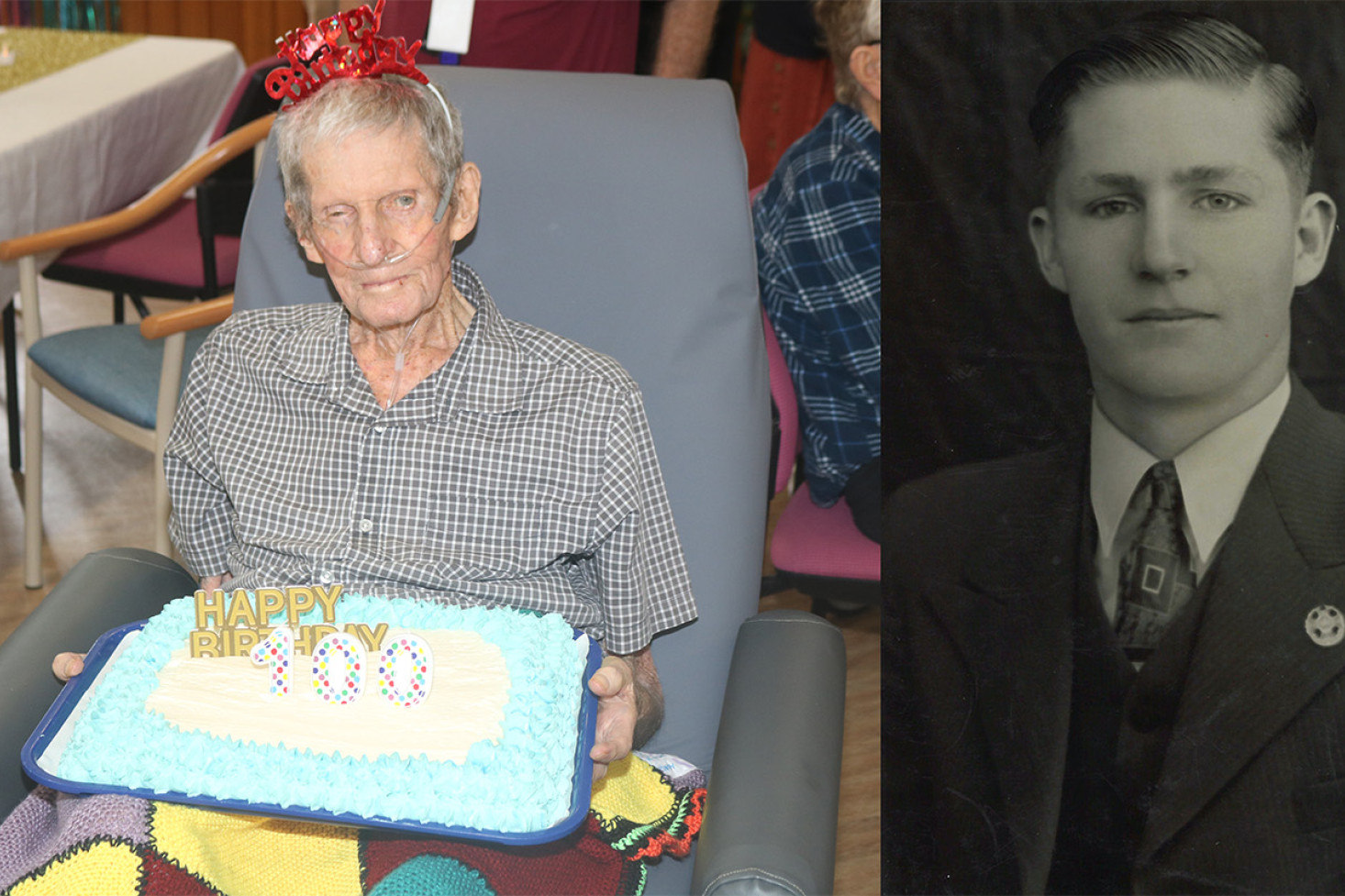 Neville Smith at his 100th birthday party and as captain of Gatton College's Shelton House in 1941.