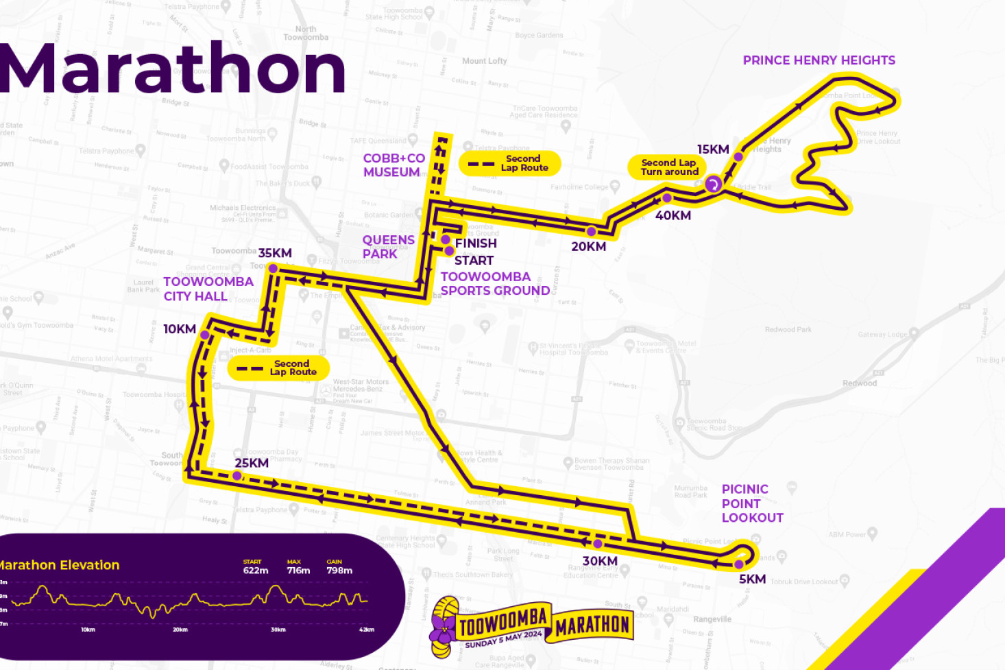 The route for the Toowoomba Marathon on Sunday, 5 May. The half marathon, 10km, 5km and 2km junior dash courses use smaller sections of the same route. Many roads will be closed during the marathon.