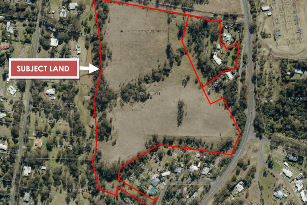 An aerial view of the subject site shows access via Crebra Crescent to the south. The New England Highway can be seen to the east.