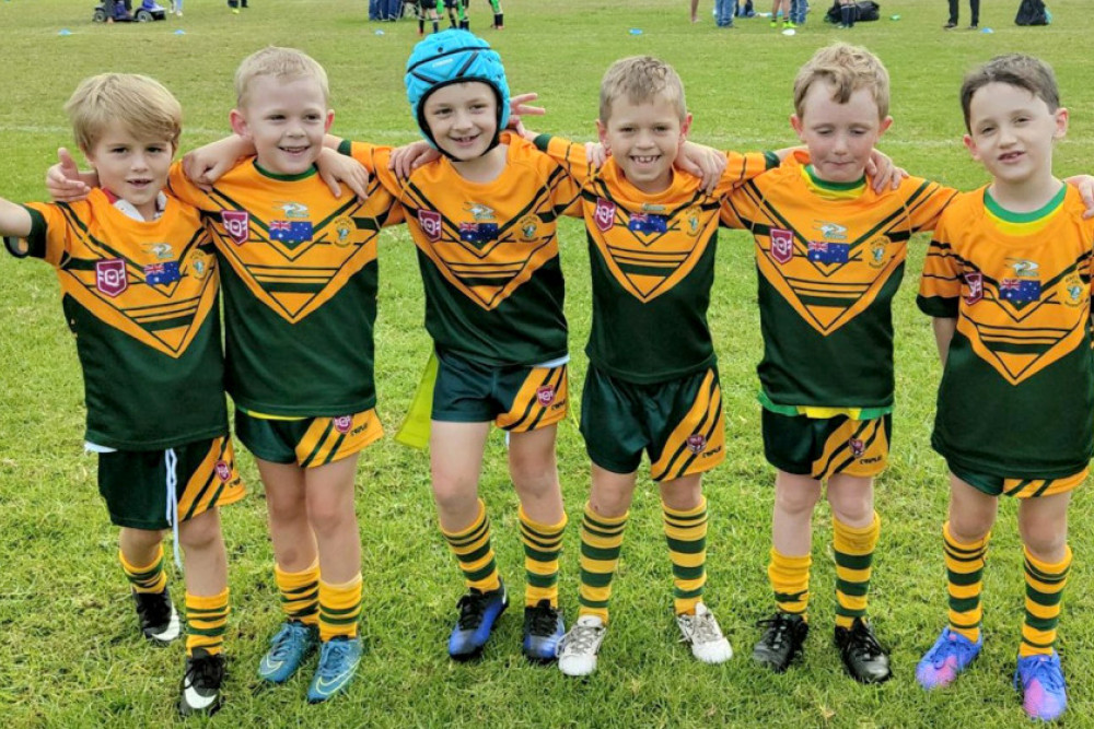 Wattles Under 7s Henry Ferguson, George Mullen, Chaz Daley, James Patterson, Buddy Turner and Archie Moore in their new playing kit, sponsored by Willett Electrical.