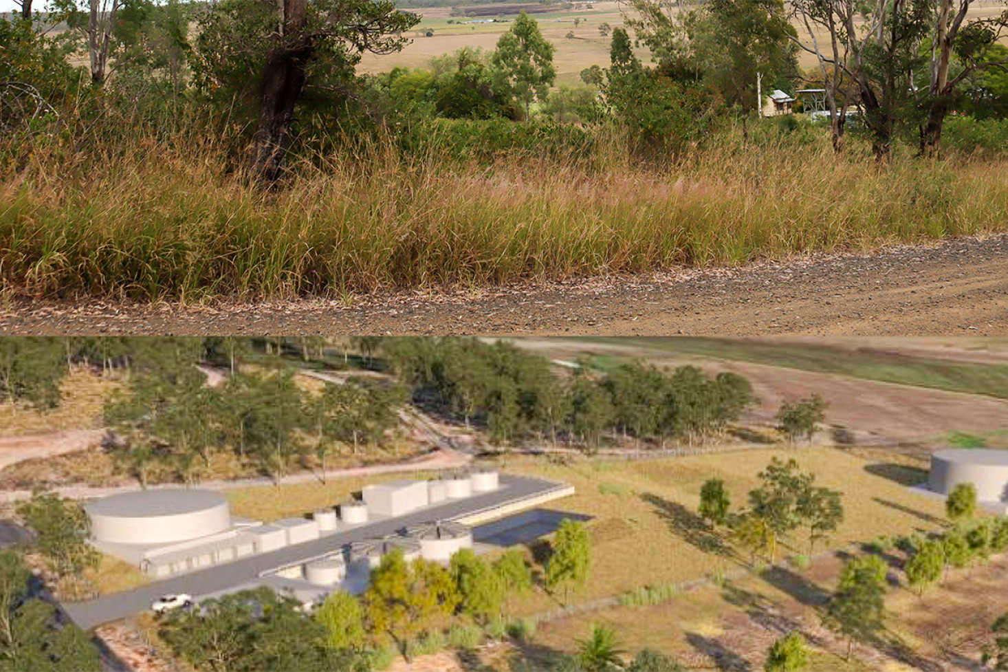 A 3D render of the Greenmount Water Treatment Plant. Greenmount State School buildings are just visible at the bottom and Haldon Street is on the left side.