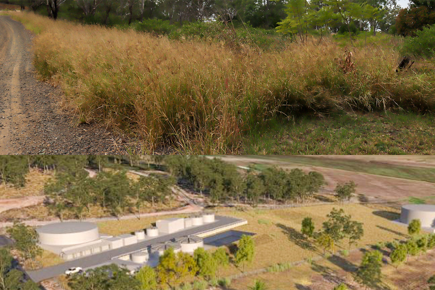 The site set to become the Greenmount Water Treatment Plant (top) and a 3D render of the Greenmount Water Treatment Plant (above). Greenmount State School buildings are just visible at the bottom and - Street is on the left side.