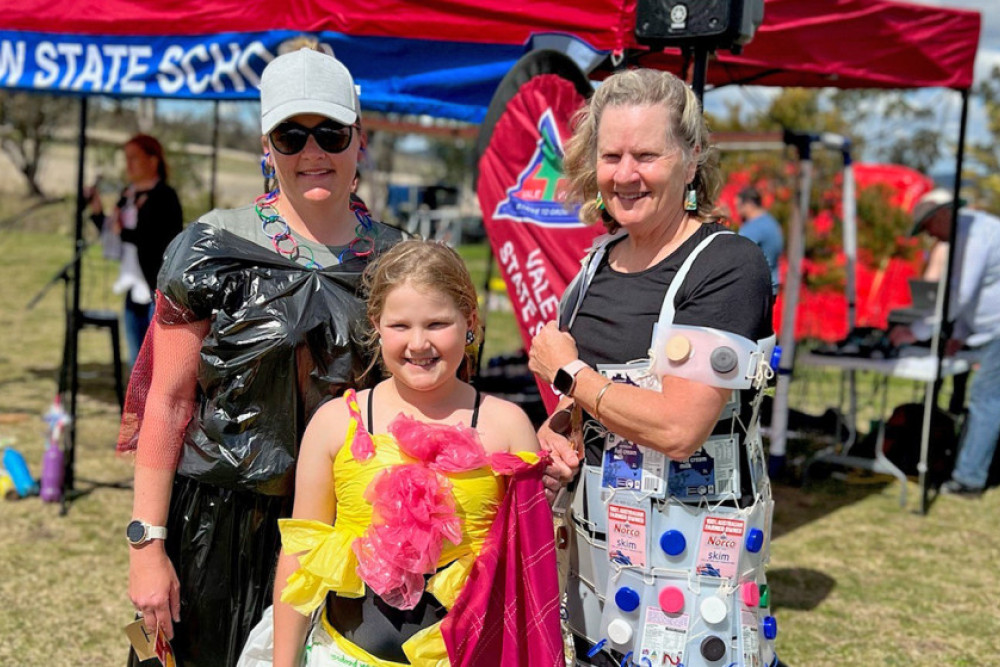 Entrants in the Garbage to Garments Fashion Parade included, from left, P&C President Amanda Ruhle, Hayley Ruhle and Jenny Harrigan.