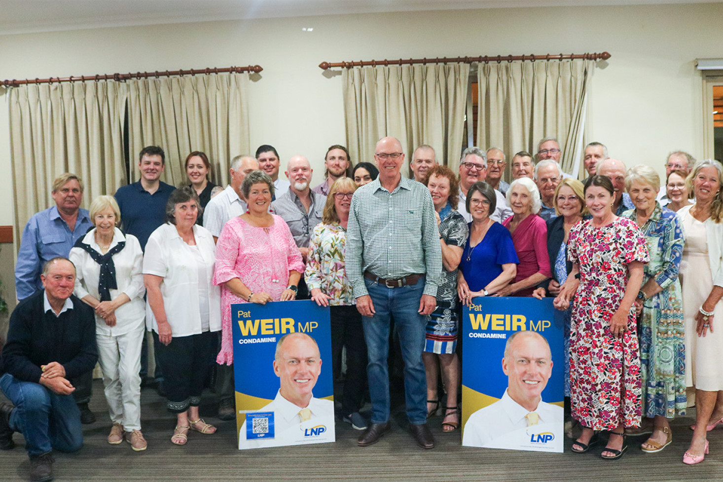 Pat Weir celebrated his party’s election with his supporters on Saturday night at the Pittsworth Motor Inn.