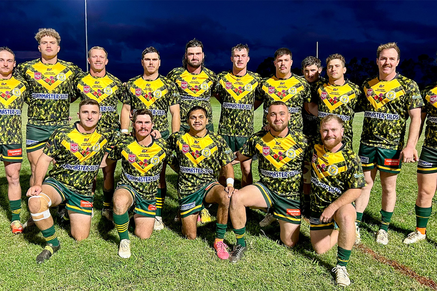 The Wattles Warriors A Grade team that defeated the Highfields Eagles 30 – 22 on Anzac Day under the newly activated field lighting at Platz Oval. Back: Tom Ramsay, Ryan Kelly-Payne, Nick Van Der Poel (C), Tyson Stevens, Matthew Christensen, Jacob Leach, Cooper Tate-Roche, Alex Donn, Tommy Hatch, Jackson Shelswell, Dominic Whittingham. Front: Mitchell Bourke, Tom Morris, Alex Hinch, Daniel Jennings, Dan Taber.