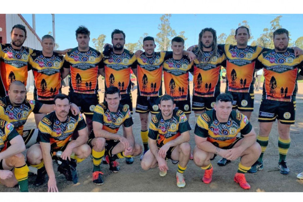 The Wattles Warriors looking resplendent in their Toowoomba Rugby League Indigenous Round jerseys prior to taking the field against the Dalby Diehards at Dalby.