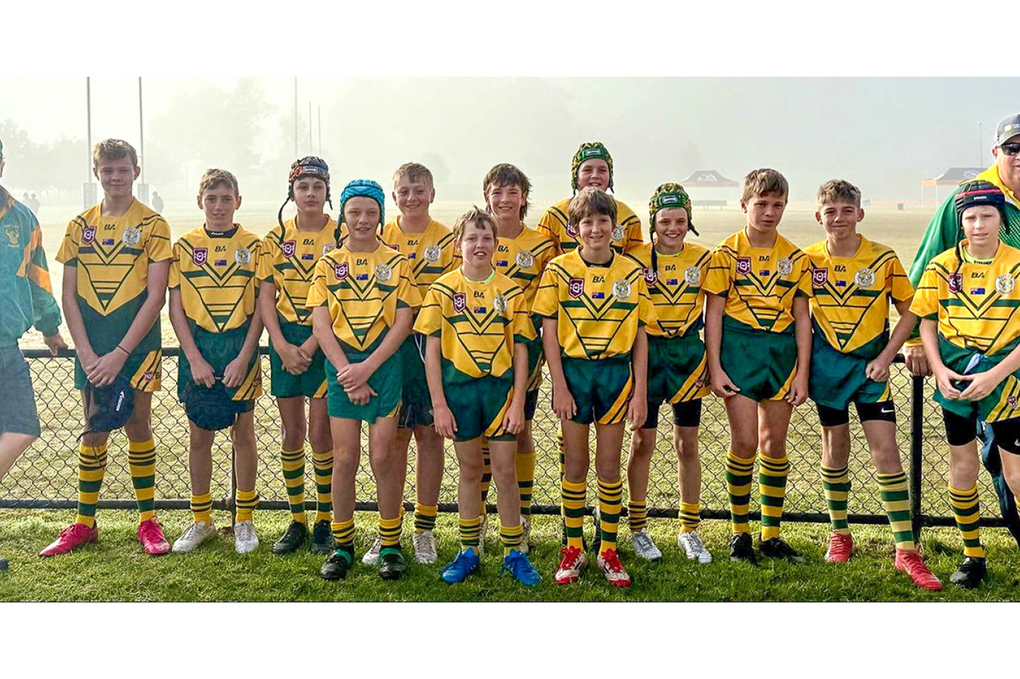 Wattles Under 13 Junior Rugby League team at the Highfields Sports and Recreation Grounds on Sunday, the first Wattles team to play an away match in the new TJRL Competition. Right Back: Russell McMillan (Coach),Teale Pharaoh, Jesse Samin, Kobe Davis, Leo Thompson-Cleary, Dustyn May, Tom Peters, Noah Schwenke, Jackson Kuhn, Mick Willett, Adam May (Leaguesafe). Front: Jaxon Ashley, Jackson McMillan, Levi Zadow. Photo, Allison May