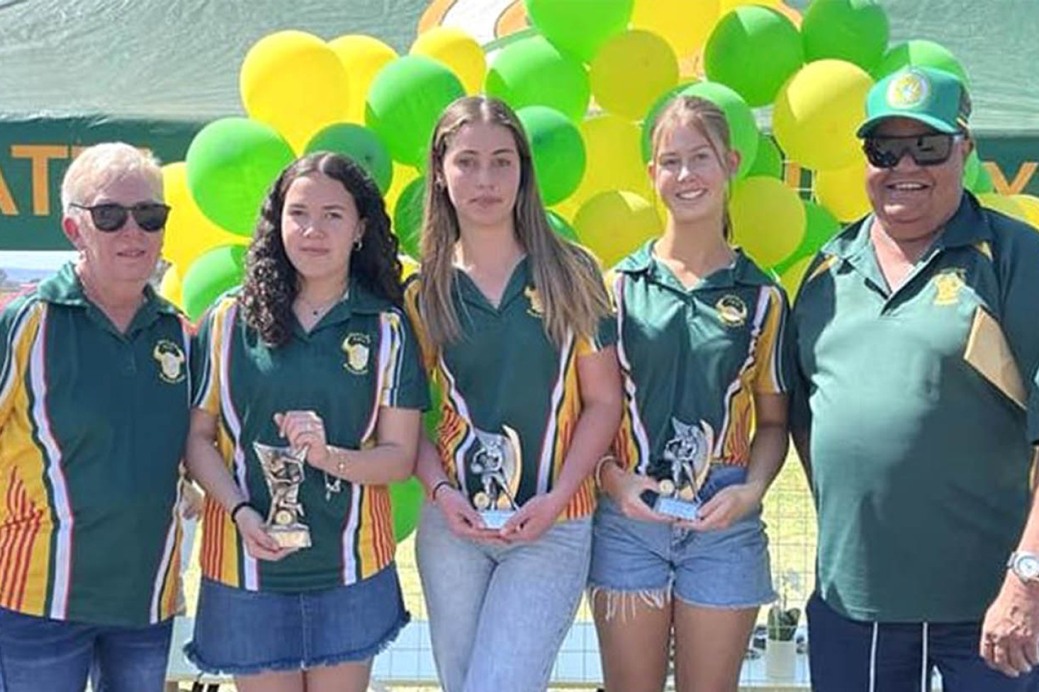 Wattles Under 18 Girls Tackle team award winners: Billy-Leigh Gorringe – Best & Fairest, Hollie Betts – Best Defence and Alexandria Gilmore – Best Attack with Team Manager and Coach Deslea and Bill Gorringe. Photo, Alison May