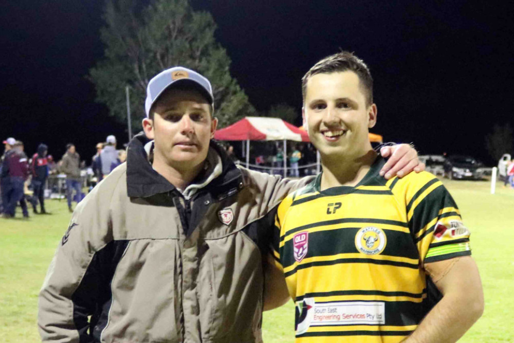 Nathan Watt presenting Wattles reserves player Tim Duggan with the Peter Watt Memorial Medallion for Player of the Match.