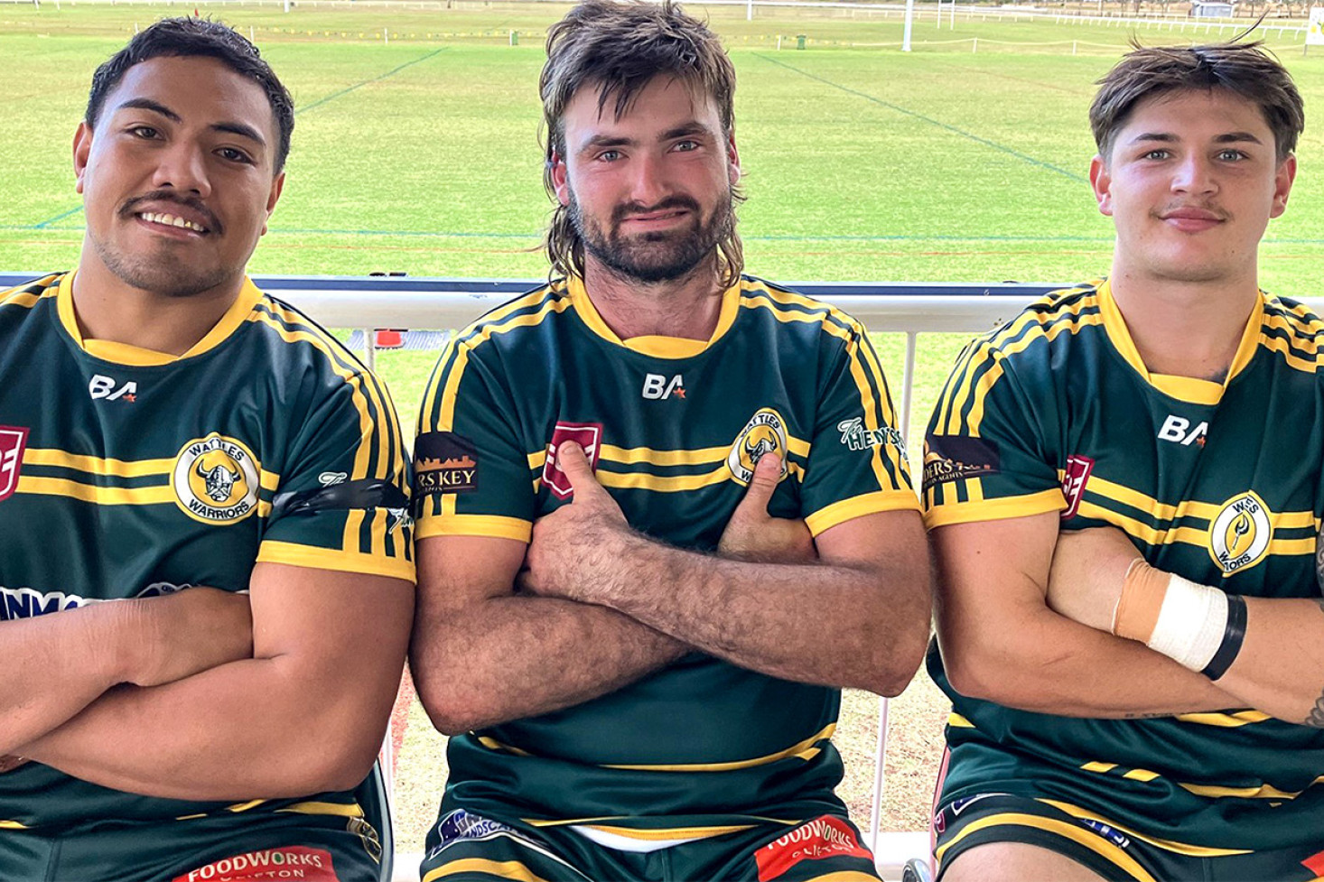 Looking prim and proper after their 52 – 20 dismantling of the Southern Suburbs Tigers at Platz Oval on Sunday are Wattles Warriors achievers debutante Lopini Kioa, with try double scorers Matthew Christensen and Domenic Whittingham. Image, Glyn Rees