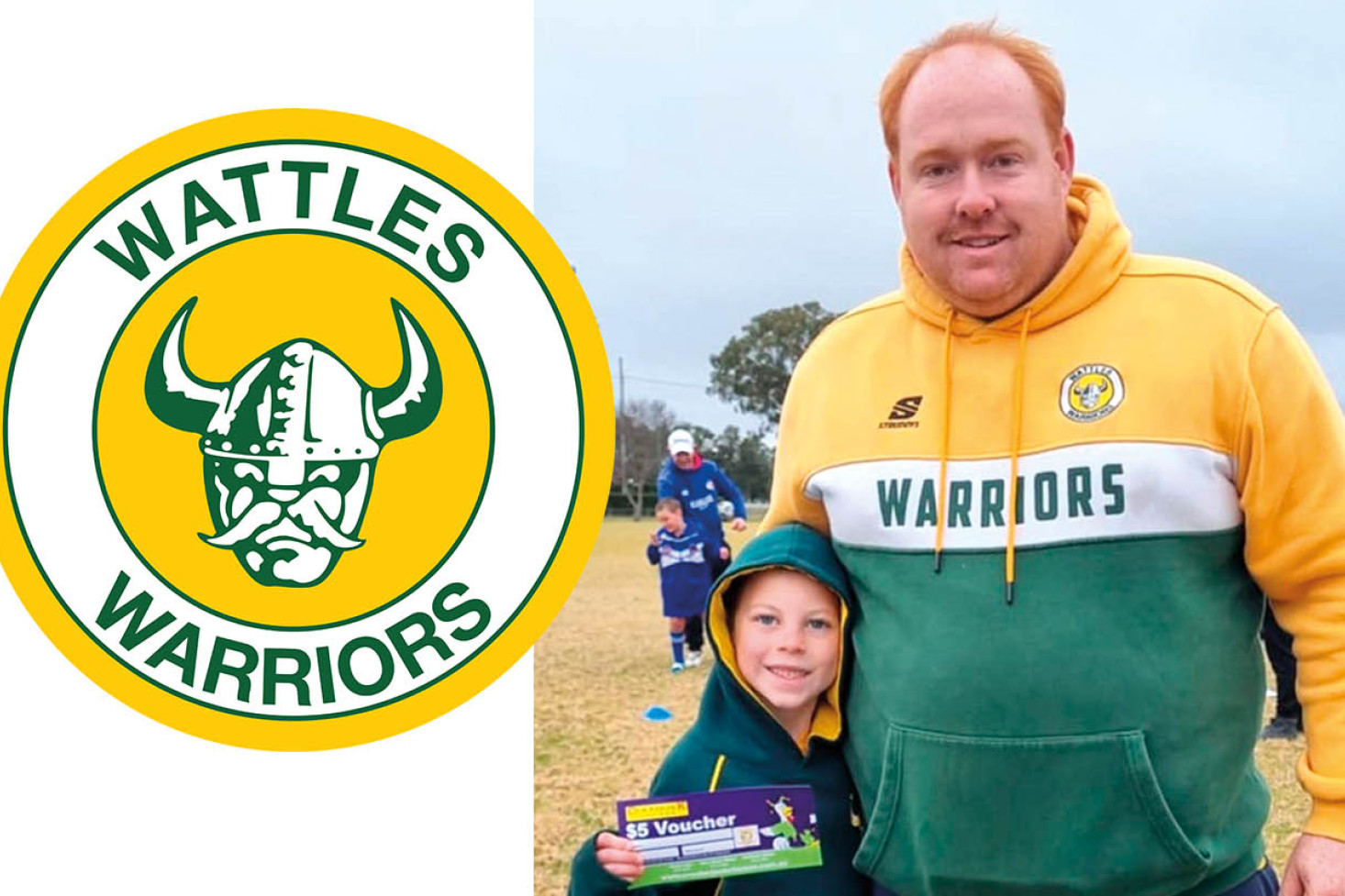 Wattles Under 7 Man of the Match Axel Schluter is mighty proud of himself with team coach Ross Wailliams on Saturday.