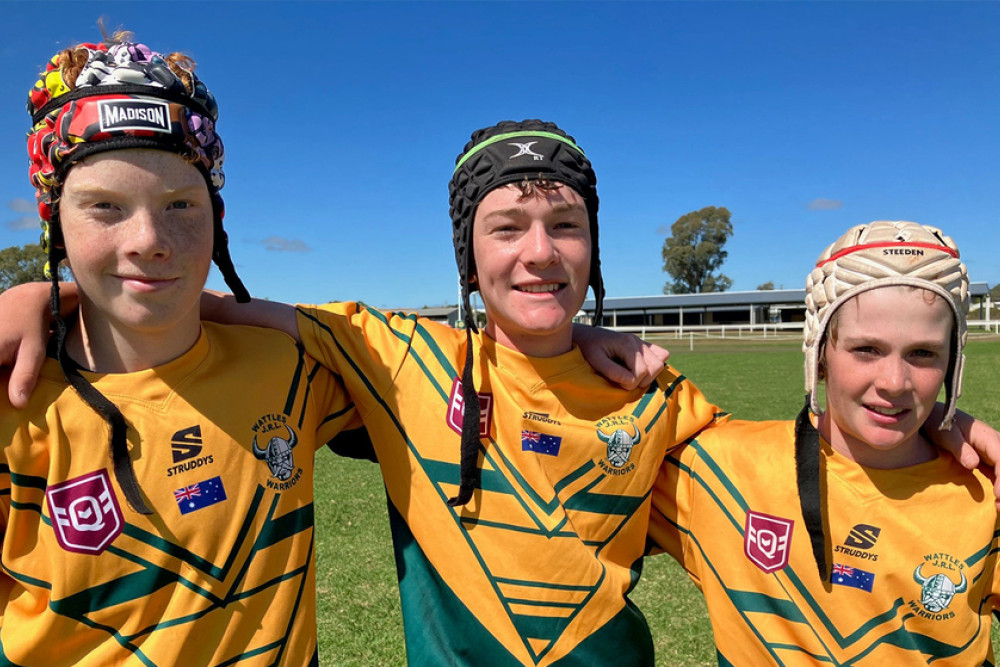 Wattles Under 13 players Zavier Dalsanto, Jack Burton & Hugh Denny were among the tries at Platz Oval on Saturday, all scoring hat tricks against Toowoomba’s Southern Suburbs. Photo, Glyn Rees