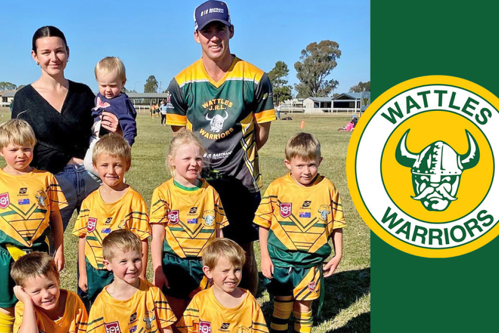 Wattles Clifton Upholstery Under 6 team. Back, from left: Zara Hilton (Assistant Coach) with Pippa Van Der Poel and Josh McPherson (Manager). Middle: Oliver Dore, Aubrey Thompson-Cleary, Elsie McPherson, Kaiden Williams. Front: Oliver Van Der Poel, Bailey Monckton, Kowan Sutton. Absent: Nick Van Der Poel (Coach).