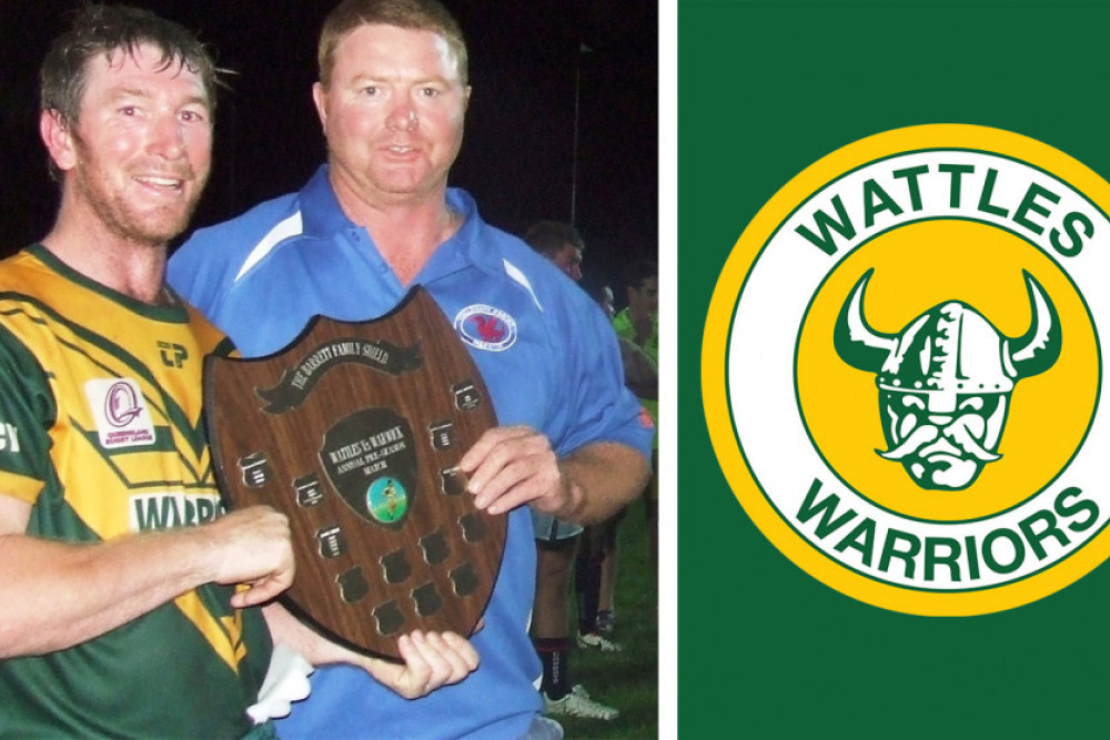 Wattles’ 2013 top grade skipper Glen McMillan is a happy man as he accepts the Barrett Family Shield from Dayne Barrett.