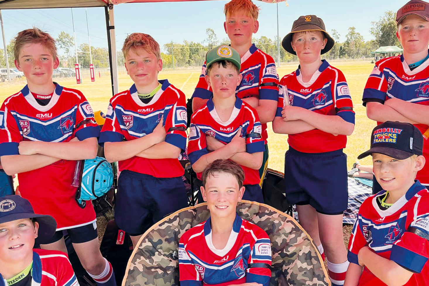 Wattles members of the Warwick & District JRL representative team at the Peter Rafter Memorial Challenge Carnival at Chinchilla. Back left - Adam Butler, Levi Zadow, Dusty May, Matt Christensen, Rory Turner, Lawson Turner. Front - Tom Peters, Jackson McMillan, Mick Willett. (Image – Allison May)