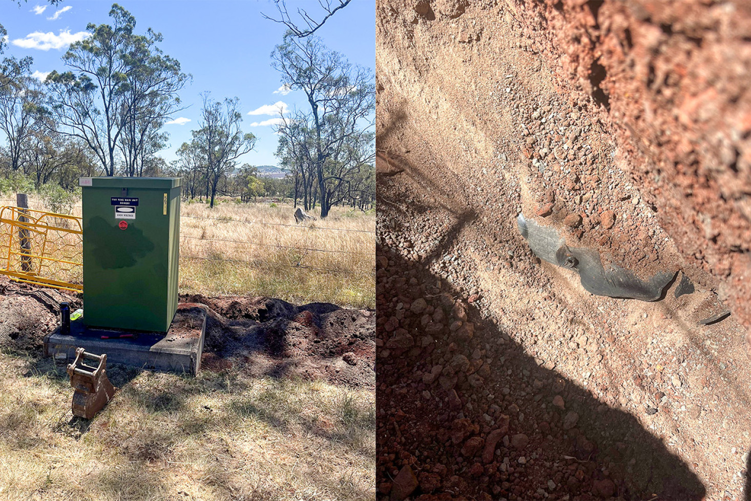 The damage caused by the excavator which caused the power outage. Photo, Ergon Energy