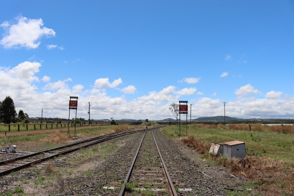 The rail trail will run directly north from Wyreema, whereas the line in use runs north-east towards Toowoomba.