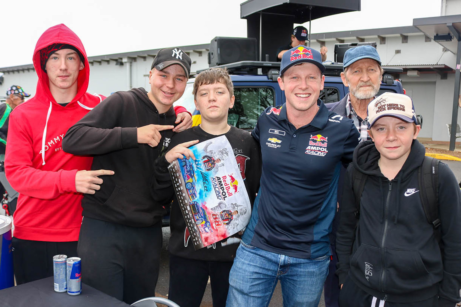 Local youths Josh Cross, James Miller, Ryda Davidson and Tyler Myers met with Will Brown while car enthusiast Frederick Hurman slotted himself into the picture, back-right.