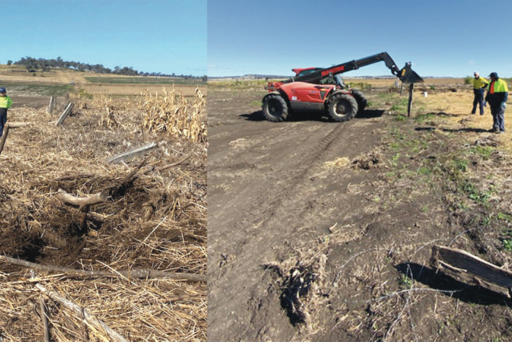 BlazeAid was busy on Monday clearing debris that had been left by floodwaters and then erecting a fence on a Glengallan property near the New England Highway.