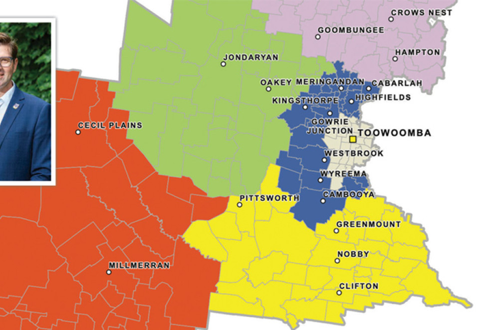 Council’s proposed representation zones, North (purple and green), South (yellow and red) and Emerging (blue) are based on the Community Development Officer Districts. Inset: Mayor Geoff McDonald